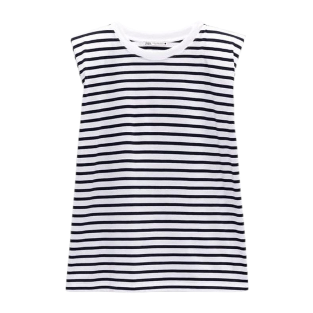 Zara White and Navy Striped Sleeveless Tee
